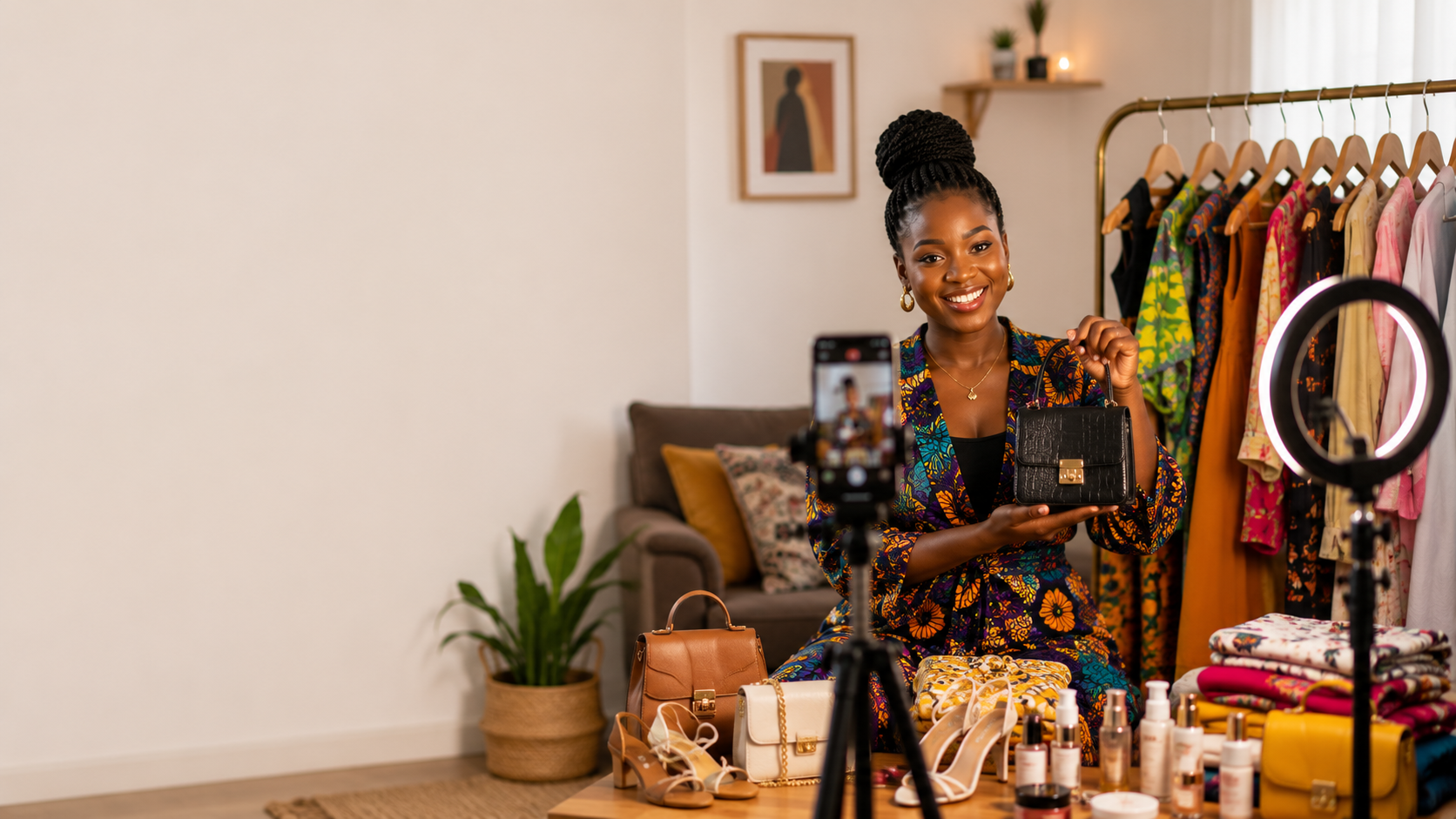 A fashion vendor filming her bags, shoes, and clothes for her shop's followers